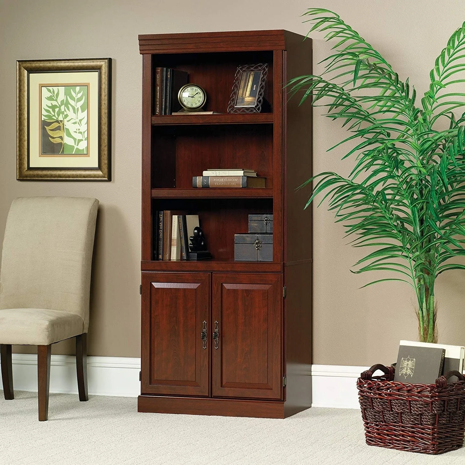 71-inch High 3-Shelf Wooden Bookcase with Storage Drawer in Cherry Finish - Image 2