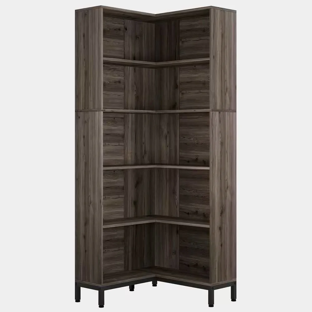 71-inch High Corner Bookcase Bookshelf in Dark Gray Wood Finish - Image 2