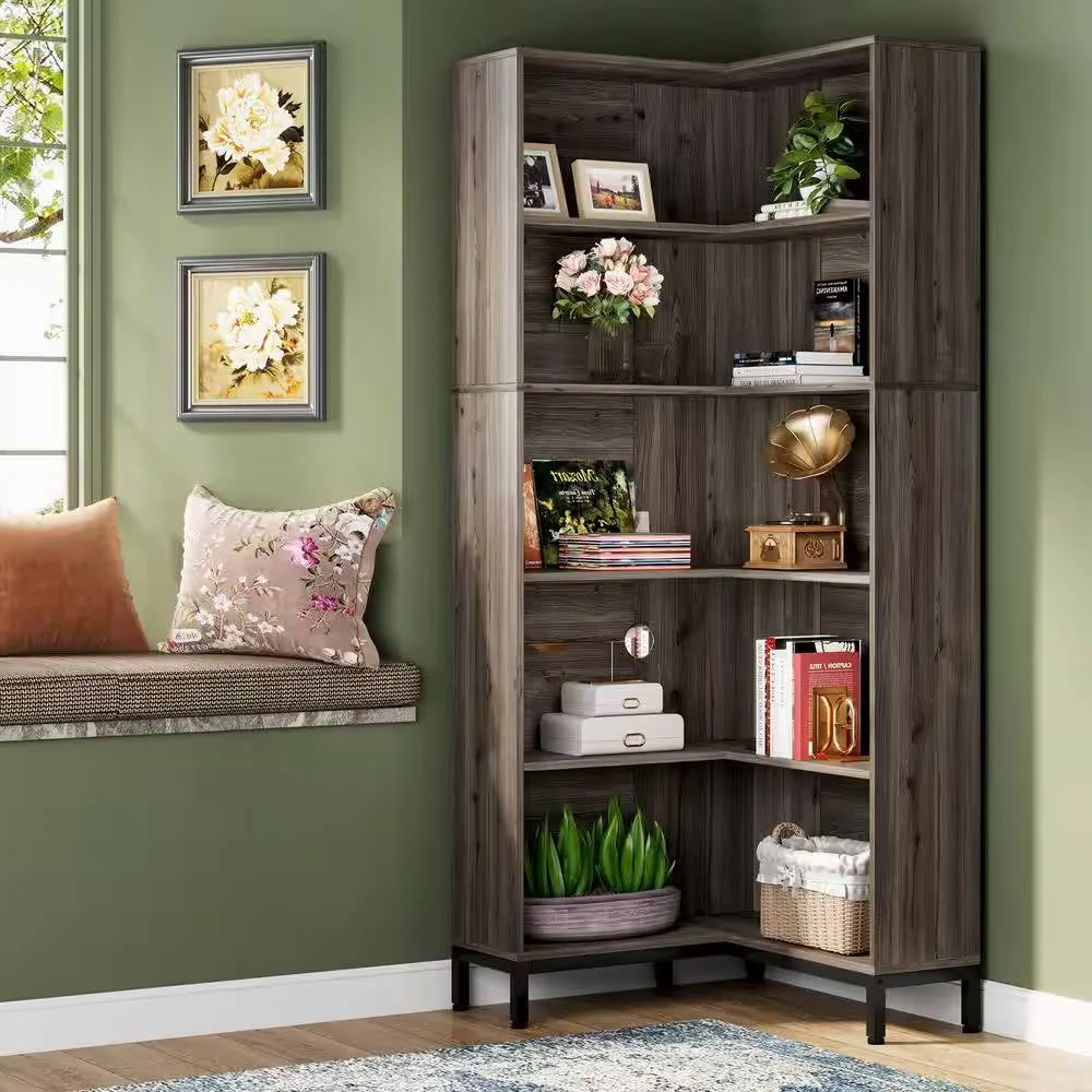 71-inch High Corner Bookcase Bookshelf in Dark Gray Wood Finish - Image 3