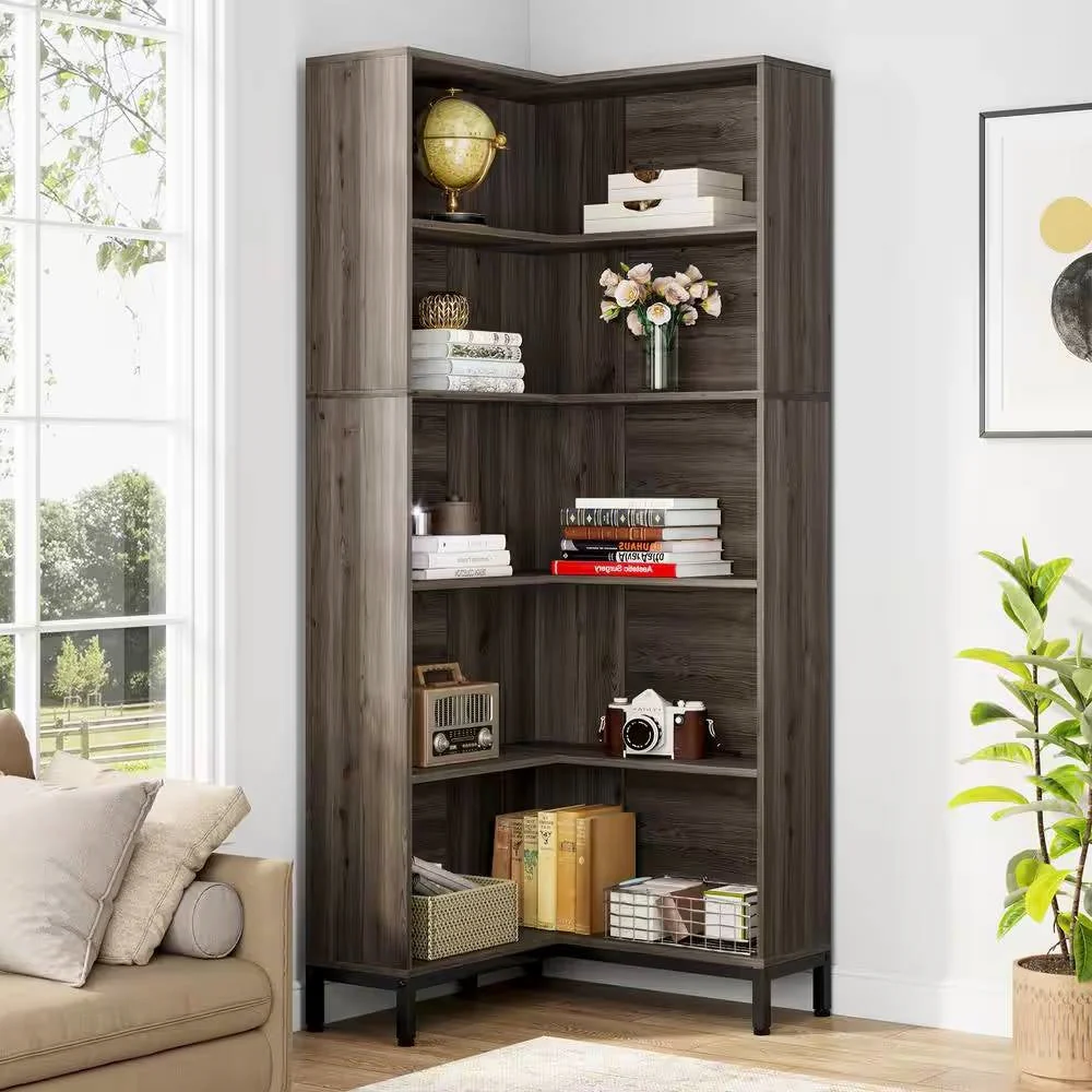 71-inch High Corner Bookcase Bookshelf in Dark Gray Wood Finish - Image 4