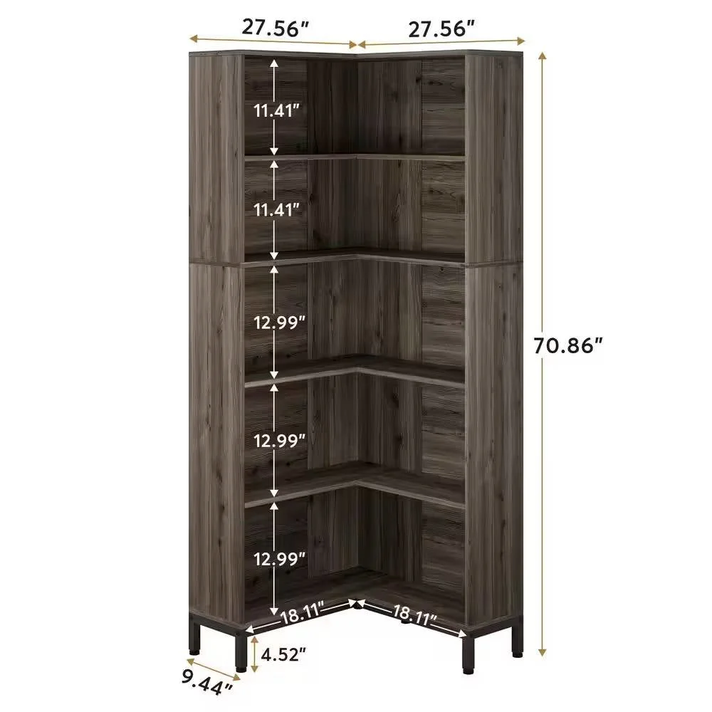 71-inch High Corner Bookcase Bookshelf in Dark Gray Wood Finish - Image 5