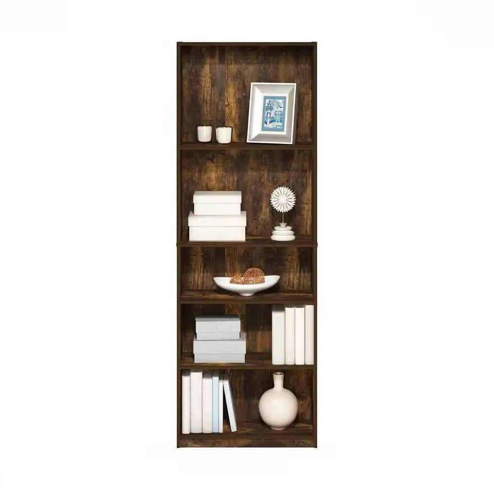 71-inch Tall 5-Shelf Bookcase in Medium Brown Wood Finish - Image 2