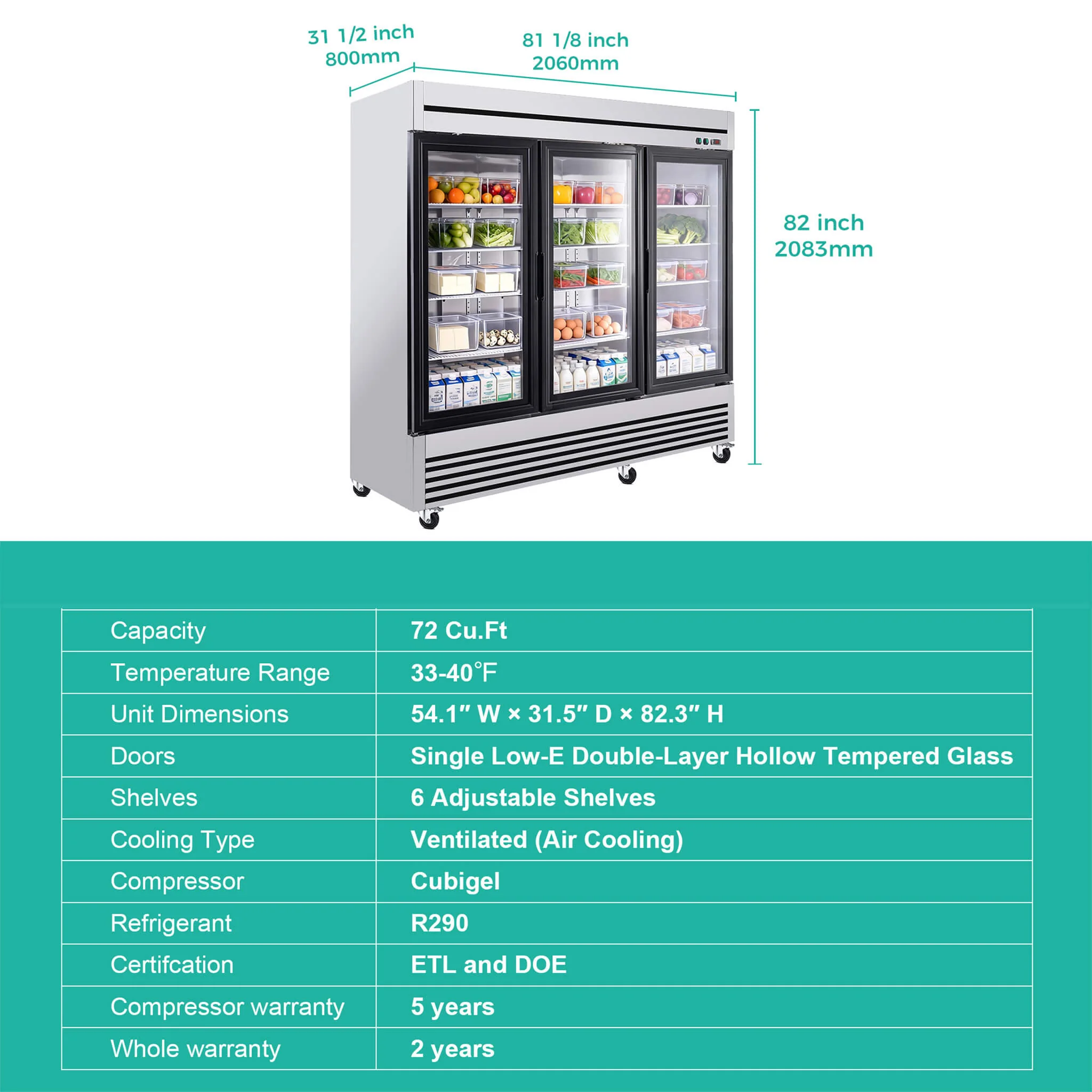 72 Cu.Ft Triple-Door Stainless Steel Commercial Reach-In Display Refrigerator (SAK26394) - Image 11