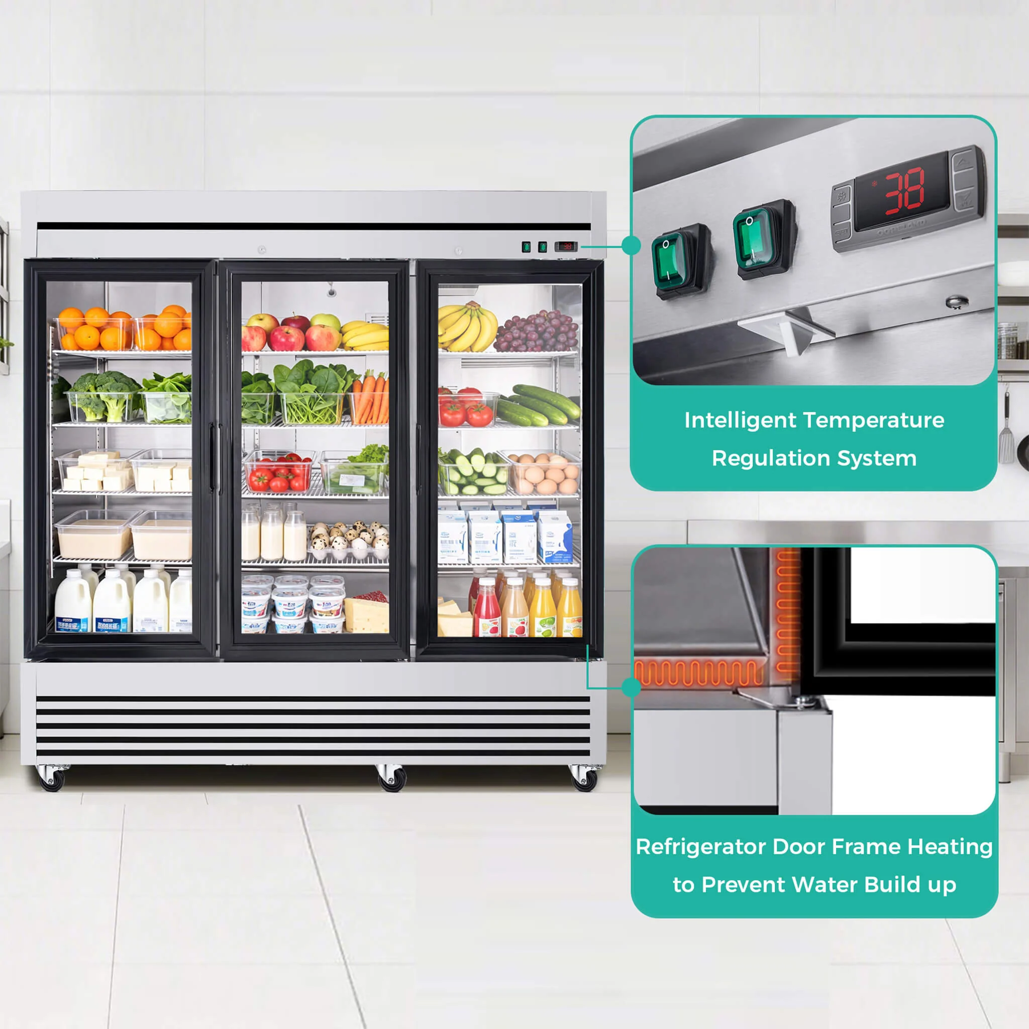 72 Cu.Ft Triple-Door Stainless Steel Commercial Reach-In Display Refrigerator (SAK26394) - Image 3