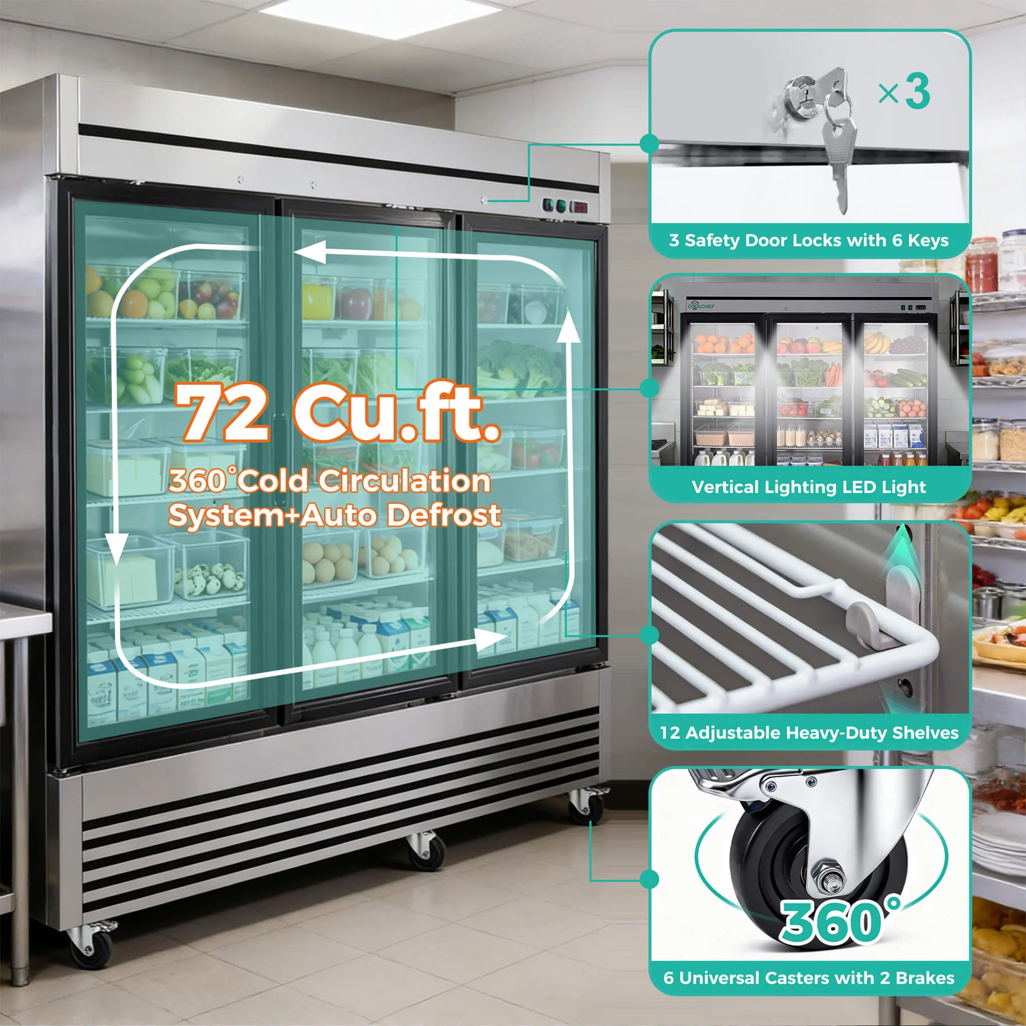 72 Cu.Ft Triple-Door Stainless Steel Commercial Reach-In Display Refrigerator (SAK26394) - Image 4