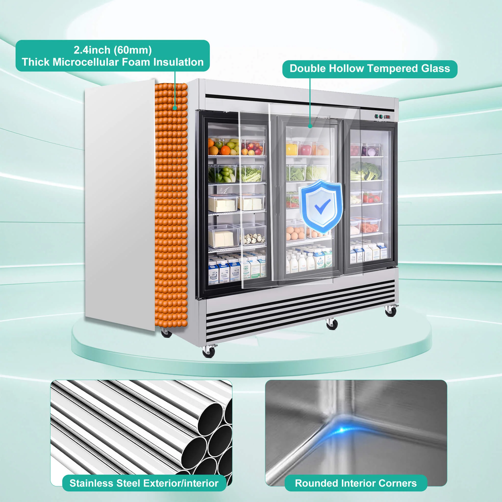 72 Cu.Ft Triple-Door Stainless Steel Commercial Reach-In Display Refrigerator (SAK26394) - Image 6