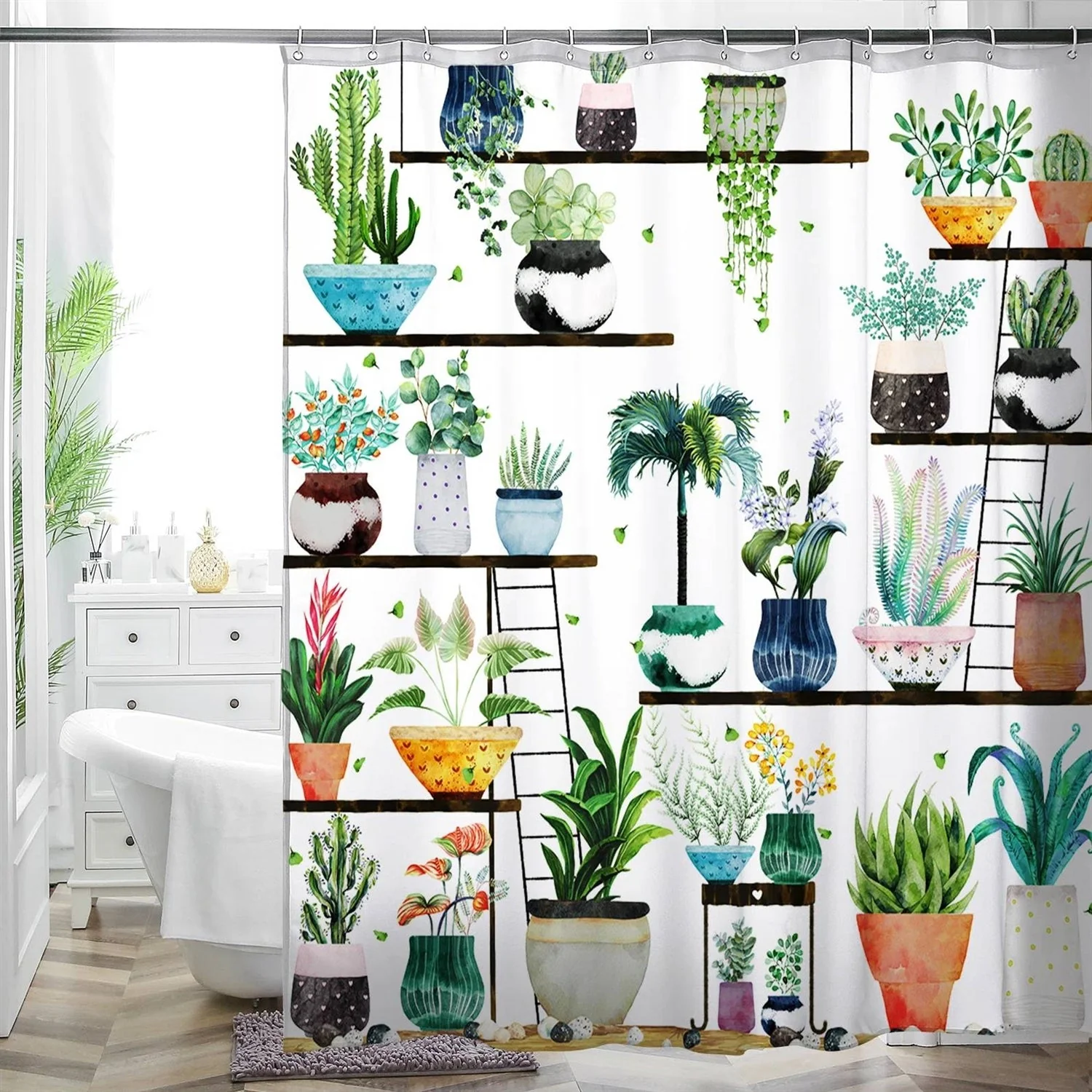 72-in. Watercolor Plants Botanical Floral Flower Pots Succulents Shower Curtain - Image 2