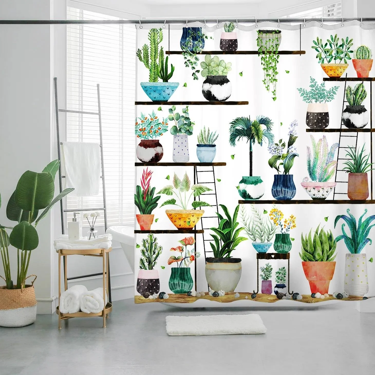 72-in. Watercolor Plants Botanical Floral Flower Pots Succulents Shower Curtain - Image 3