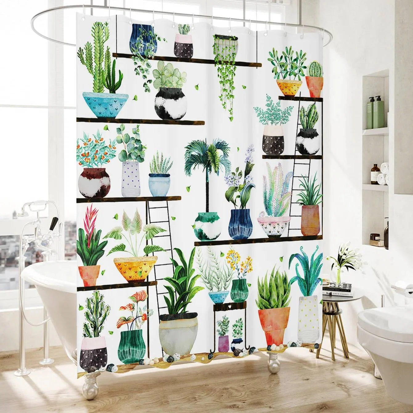 72-in. Watercolor Plants Botanical Floral Flower Pots Succulents Shower Curtain - Image 4