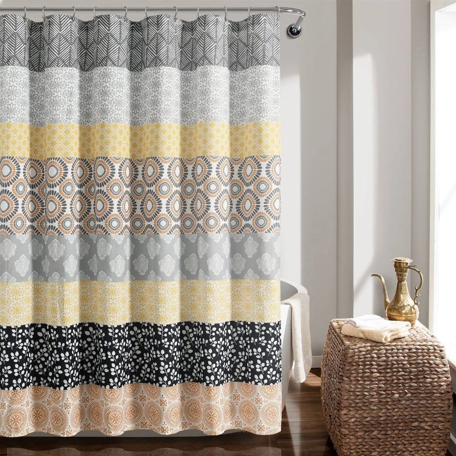 72-in. Yellow Black White Grey Floral Damask Boho Polyester Shower Curtain - Image 2
