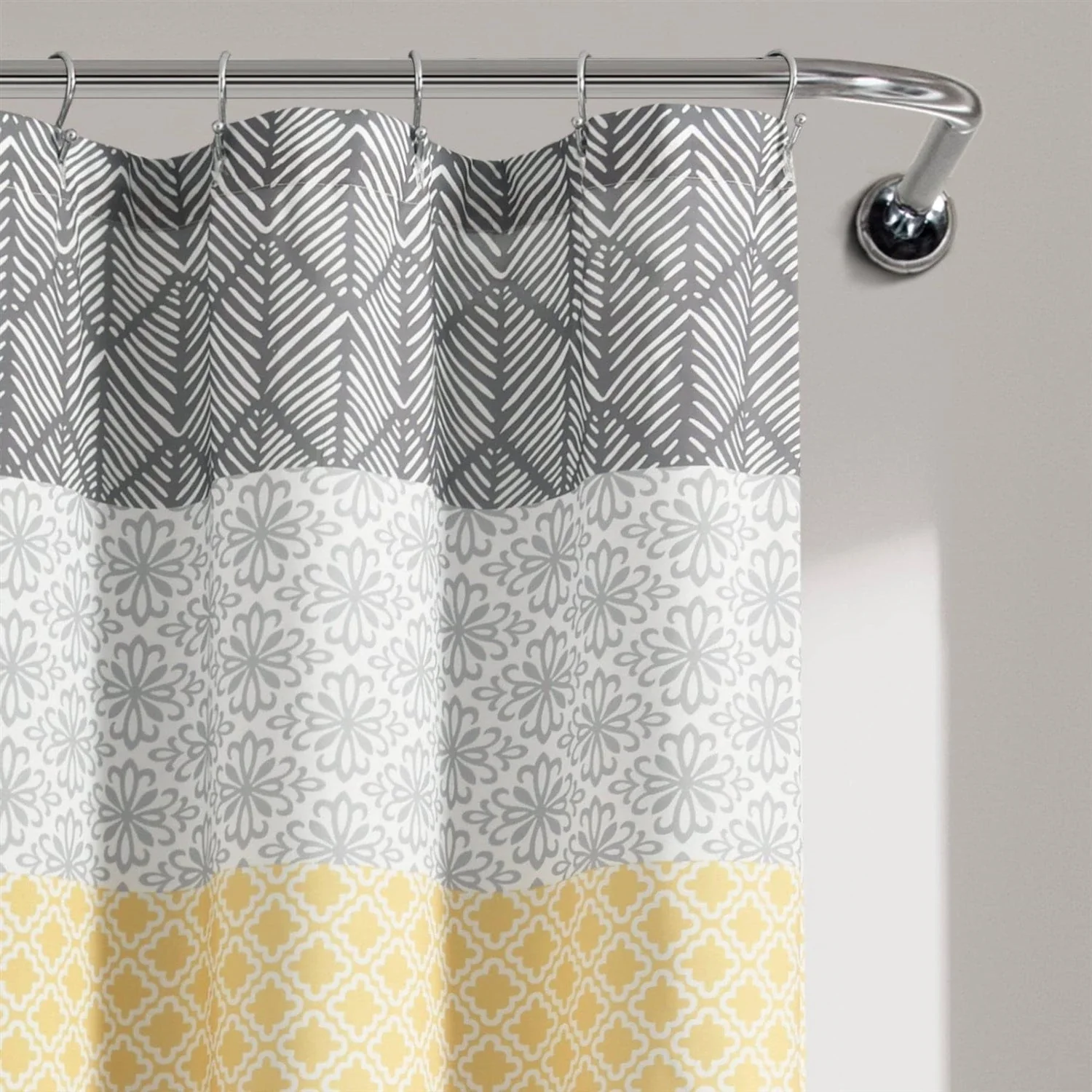 72-in. Yellow Black White Grey Floral Damask Boho Polyester Shower Curtain - Image 3