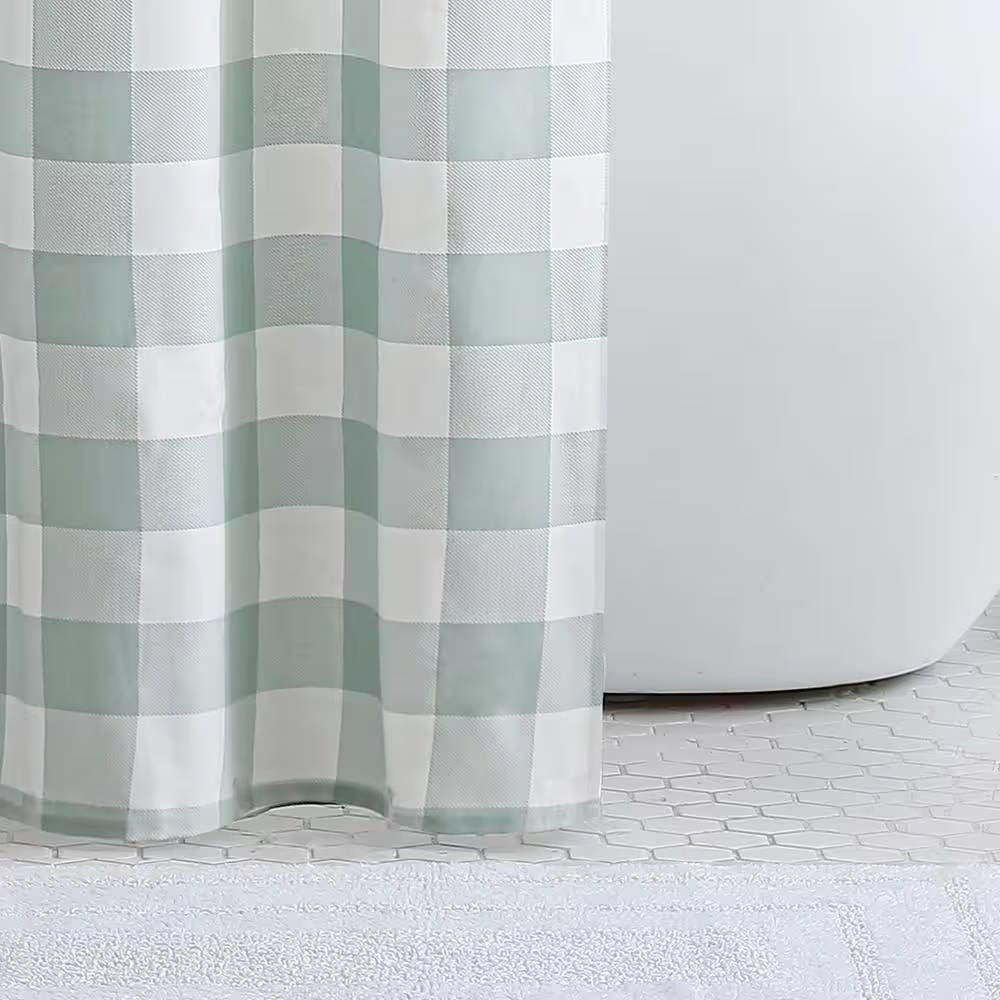 72-inch 100-Percent Cotton Fabric Shower Curtain with Green White Plaid Pattern - Image 2