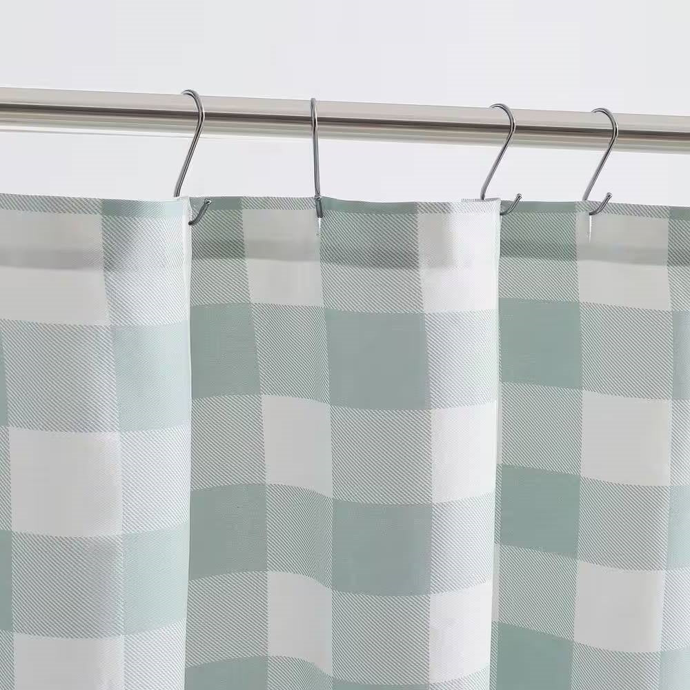 72-inch 100-Percent Cotton Fabric Shower Curtain with Green White Plaid Pattern - Image 3