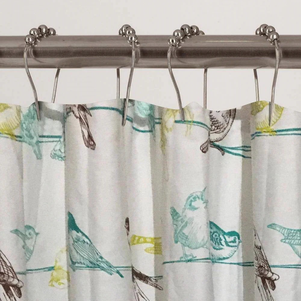 72-inch 100-Percent Cotton Fabric Shower Curtain with Teal Beige Black Birds - Image 2