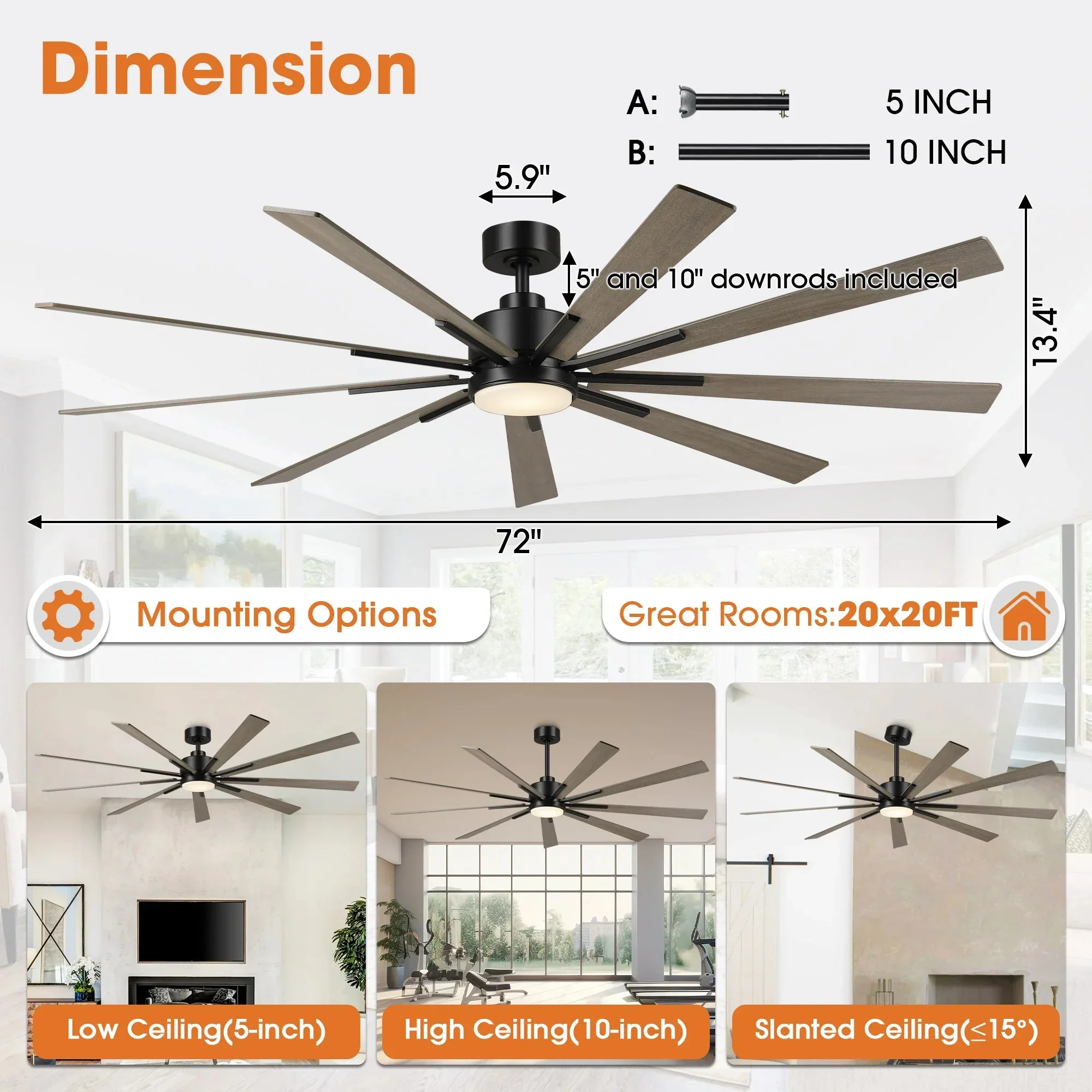 72 Inch Aries Black Downrod Mount LED Windmill Ceiling Fan with Remote Control - Image 5