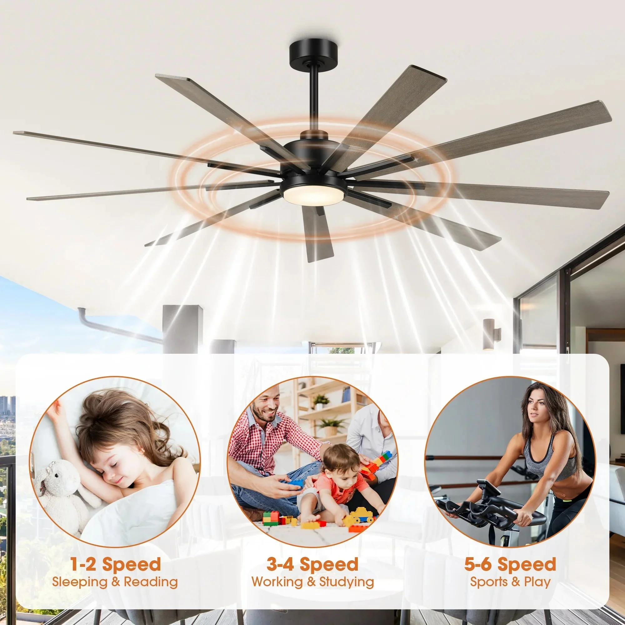 72 Inch Aries Black Downrod Mount LED Windmill Ceiling Fan with Remote Control - Image 6