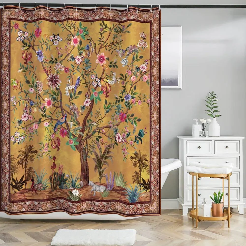 72-inch Brown Red Orange Green Floral Tree Birds Plants Flowers Shower Curtain - Image 2