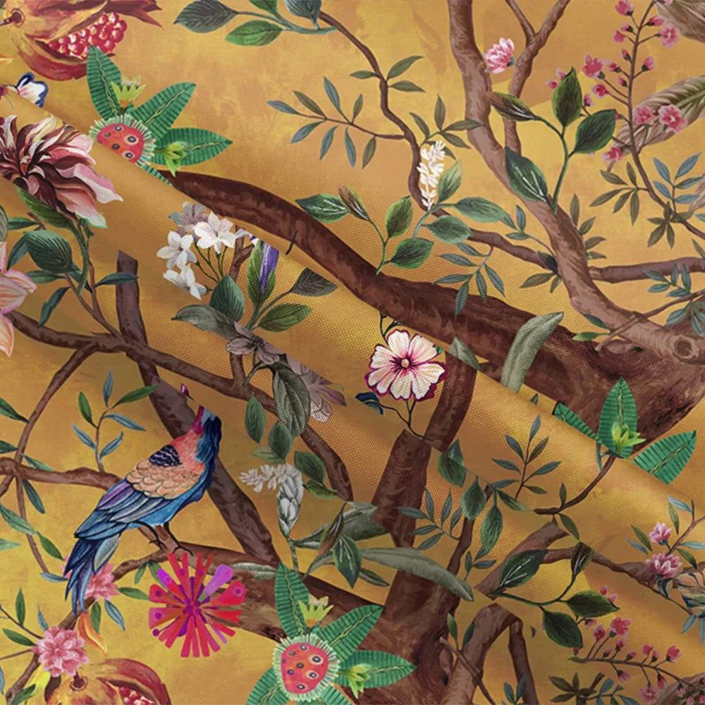72-inch Brown Red Orange Green Floral Tree Birds Plants Flowers Shower Curtain - Image 3