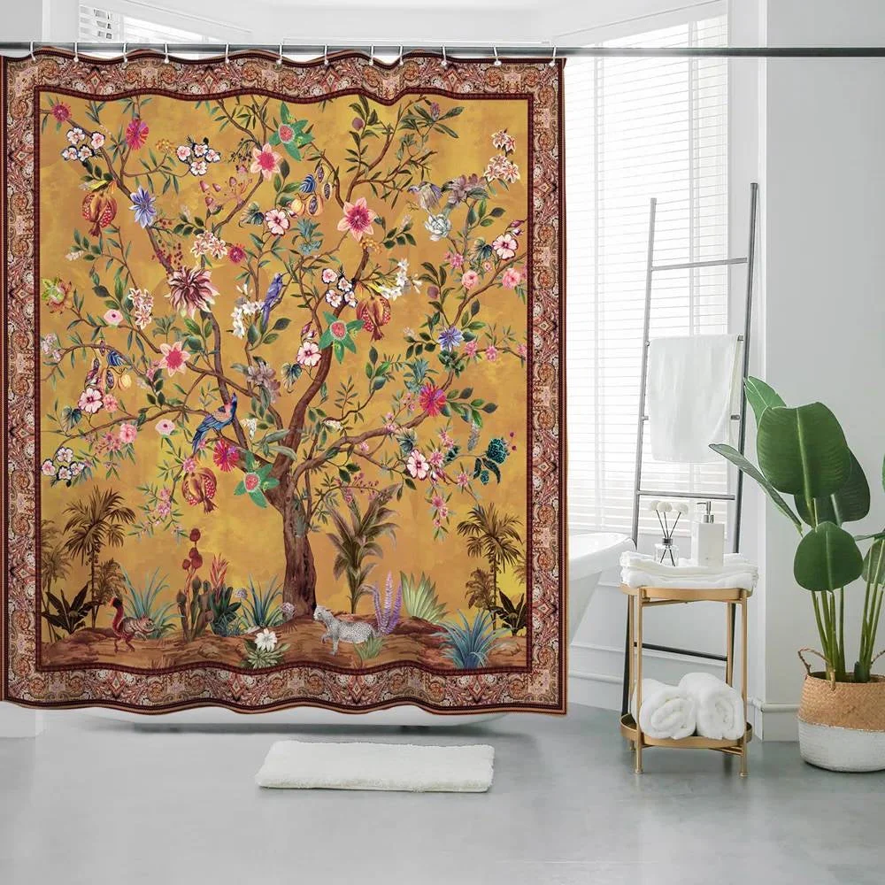 72-inch Brown Red Orange Green Floral Tree Birds Plants Flowers Shower Curtain - Image 4