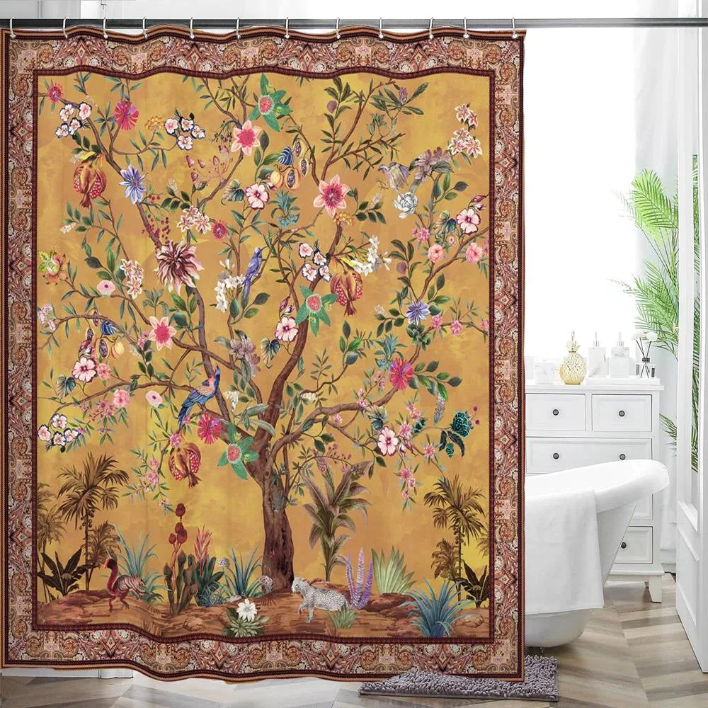 72-inch Brown Red Orange Green Floral Tree Birds Plants Flowers Shower Curtain - Image 5
