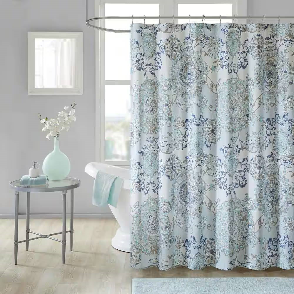 72-inch Cotton Shower Curtain with Blue Watercolor Paisley Floral Motif - Image 2