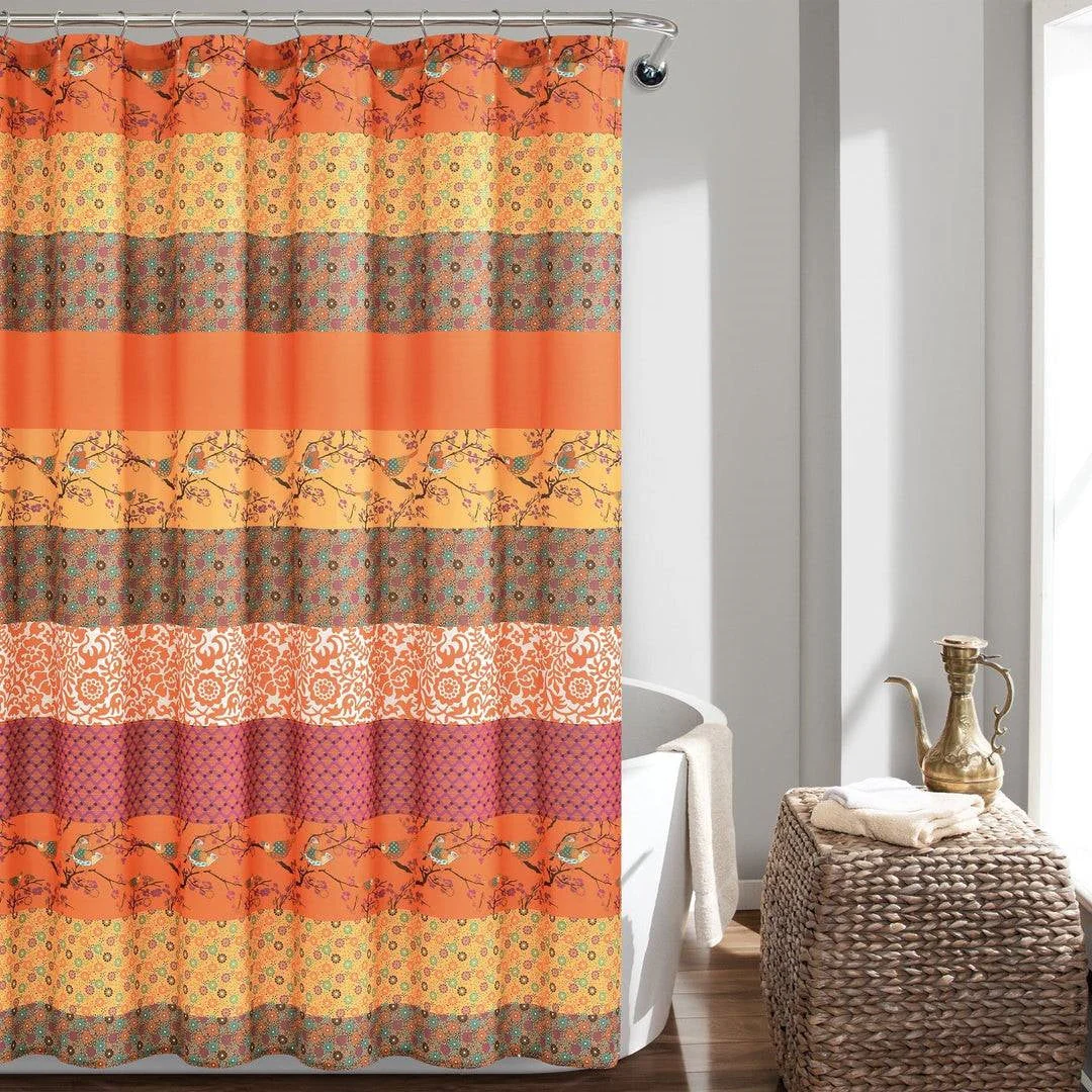 72-inch Orange Teal Floral Damask Boho Birds Polyester Shower Curtain - Image 2