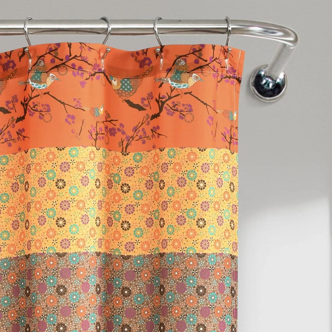 72-inch Orange Teal Floral Damask Boho Birds Polyester Shower Curtain - Image 3