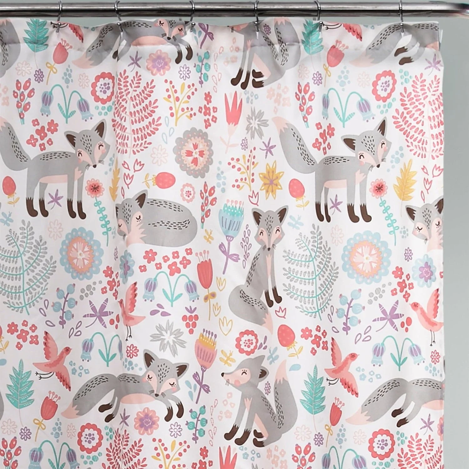 72-inch Pink Grey Teal Floral Fox Birds Polyester Shower Curtain - Image 2