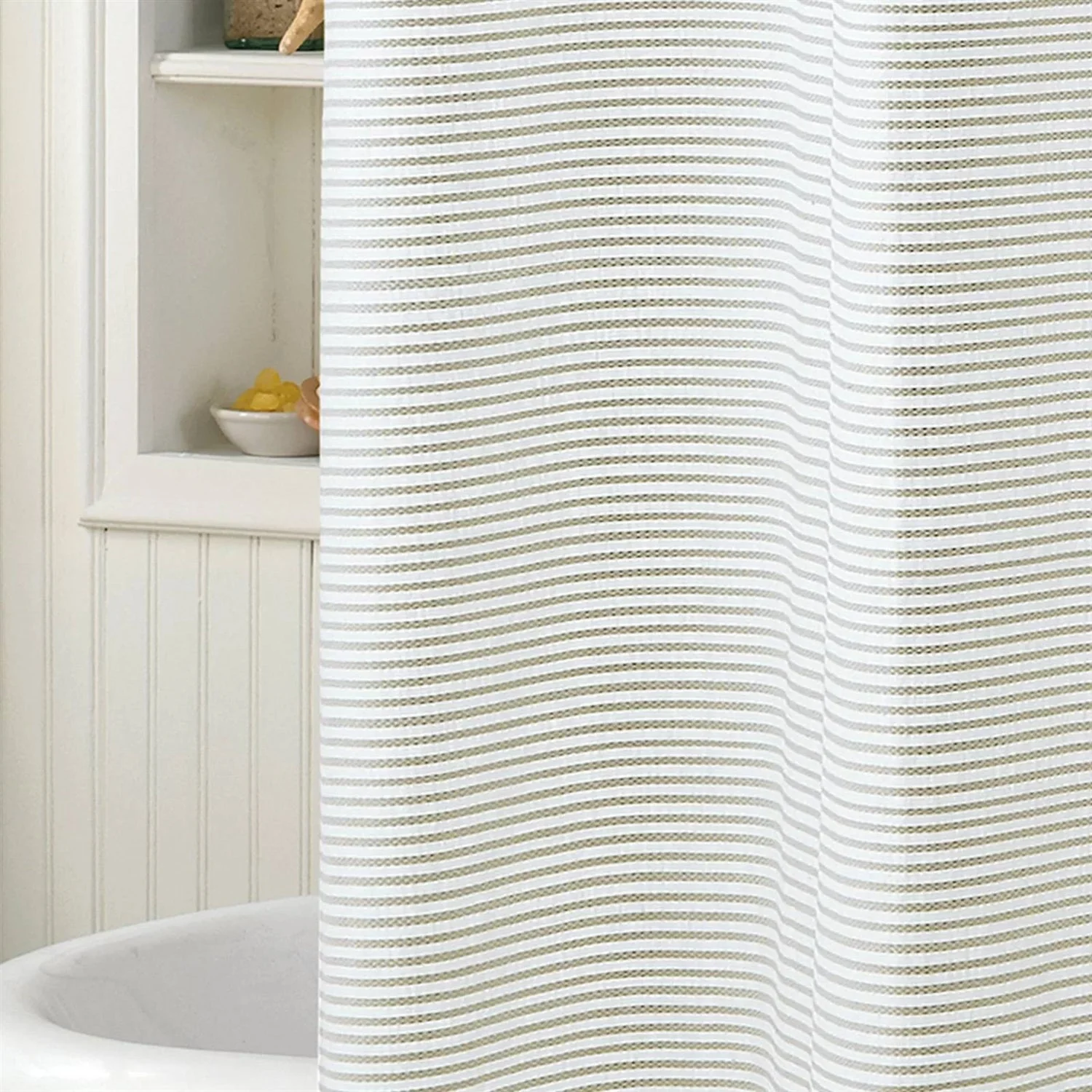 72-inch Taupe Tan and White Stripes Cotton Shower Curtain - Image 2