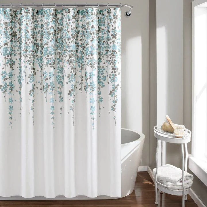 72-inch White Blue Grey Floral Flowers Shower Curtain - Image 2