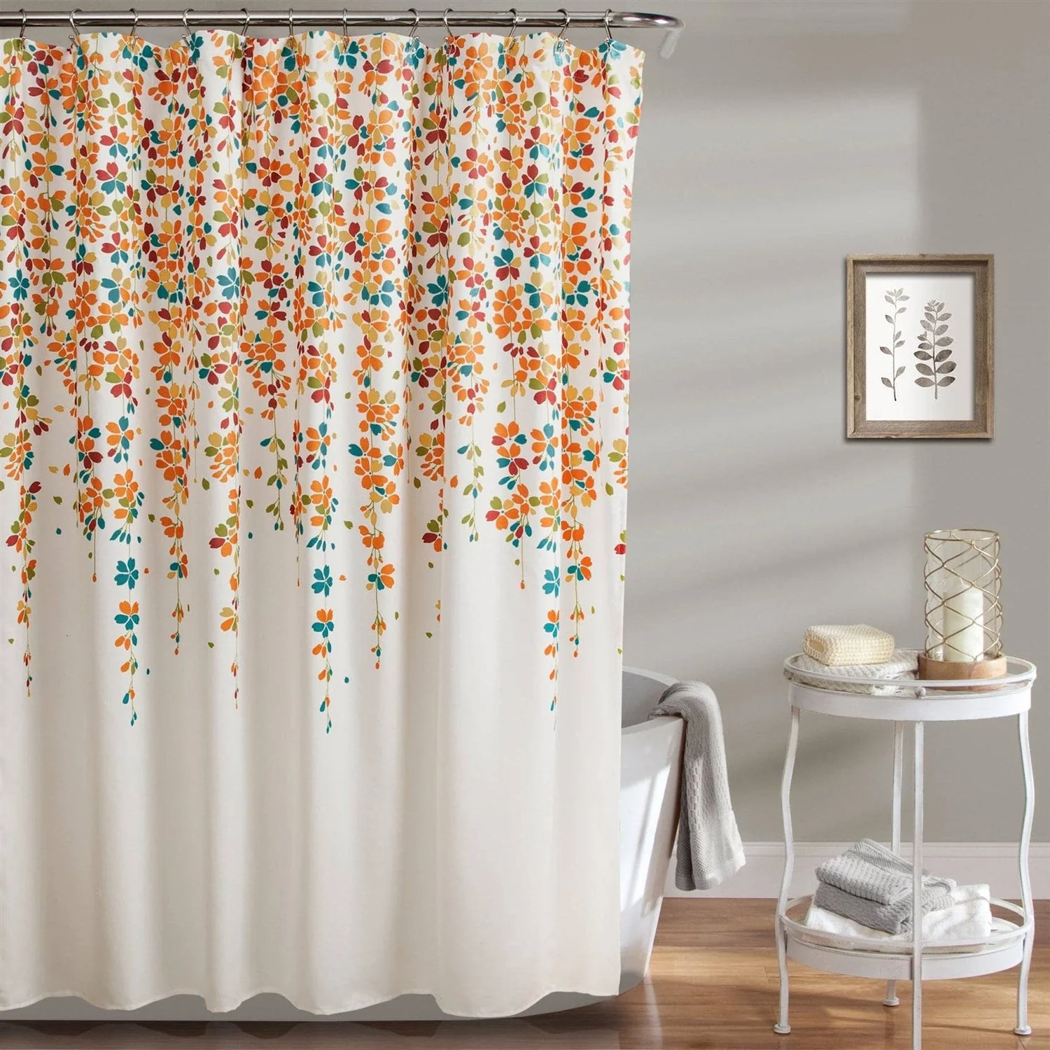 72-inch White Turquoise Blue Orange Floral Flowers Shower Curtain - Image 2