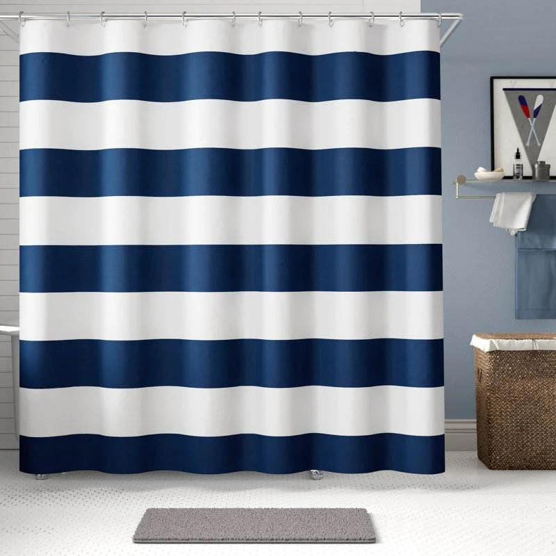 72 x 70 inch Polyester Navy Blue White Nautical Ocean Striped Shower Curtain - Image 2