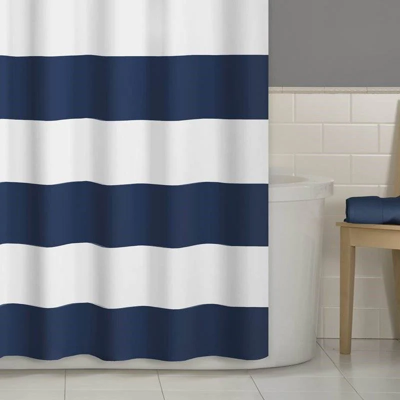 72 x 70 inch Polyester Navy Blue White Nautical Ocean Striped Shower Curtain - Image 3