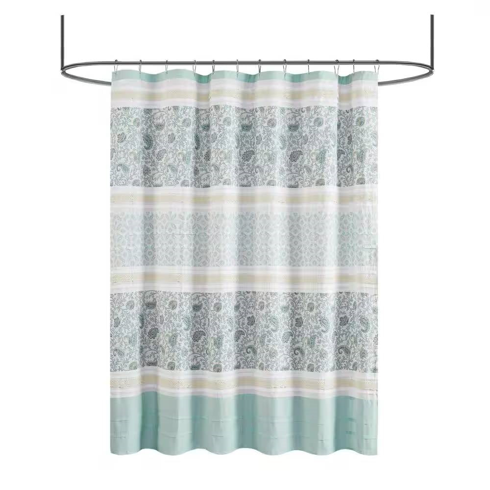 72 x 72-in Cotton Shower Curtain with Teal Blue Grey Cream White Paisley Pattern - Image 2