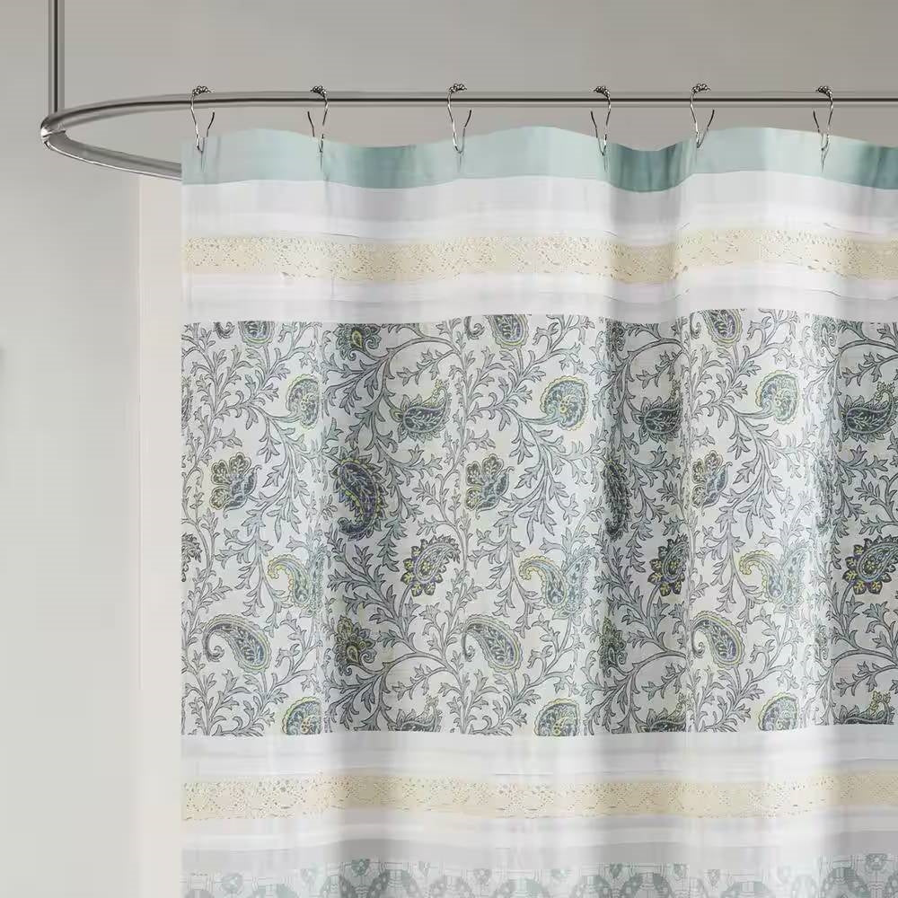 72 x 72-in Cotton Shower Curtain with Teal Blue Grey Cream White Paisley Pattern - Image 3