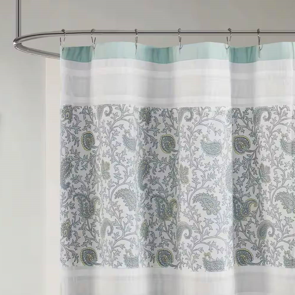 72 x 72-in Cotton Shower Curtain with Teal Blue Grey Cream White Paisley Pattern - Image 4