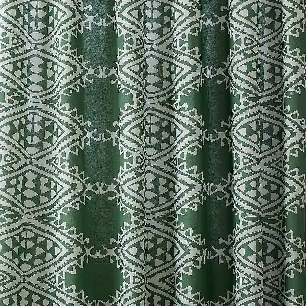 72 x 72 inch Cotton Poly Shower Curtain with Green White Geometric Motif Pattern - Image 2