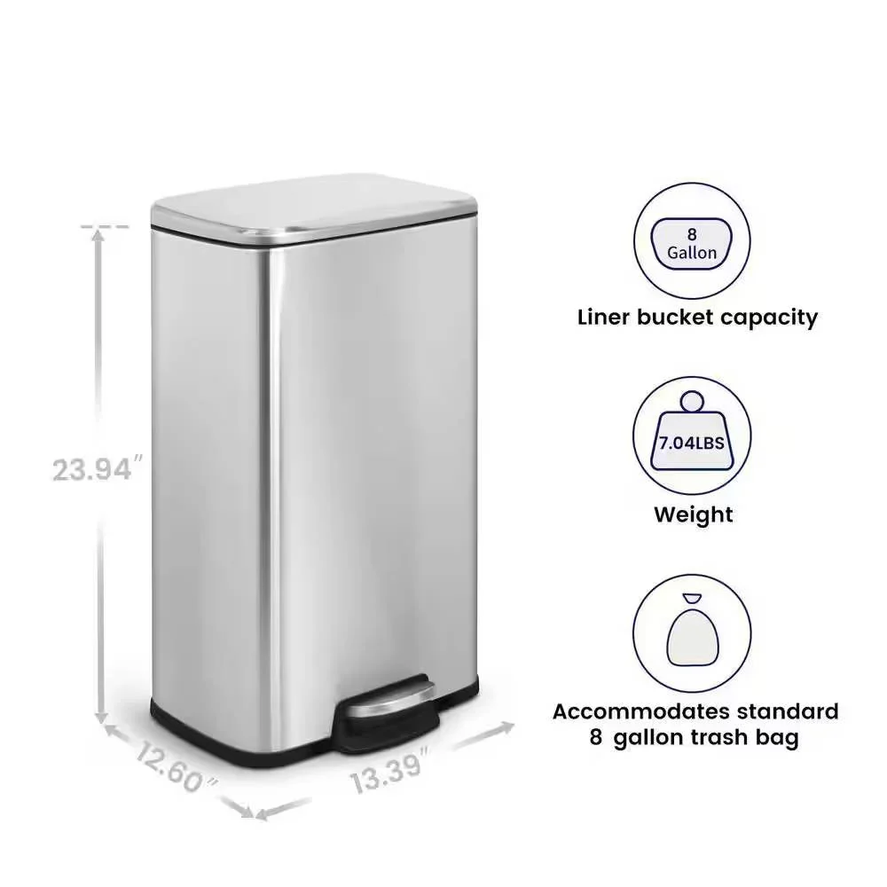 8-Gallon Stainless Steel Kitchen Trash Can with Step-on Lid - Image 5