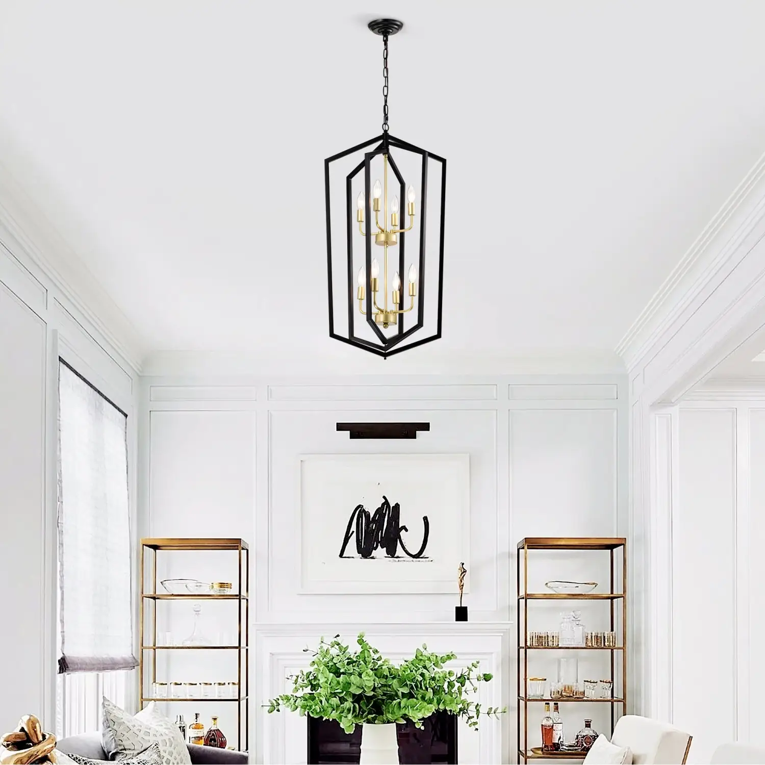 8 Light Farmhouse Hanging Lights Living Room Chandelier with Lantern Frame - Image 5