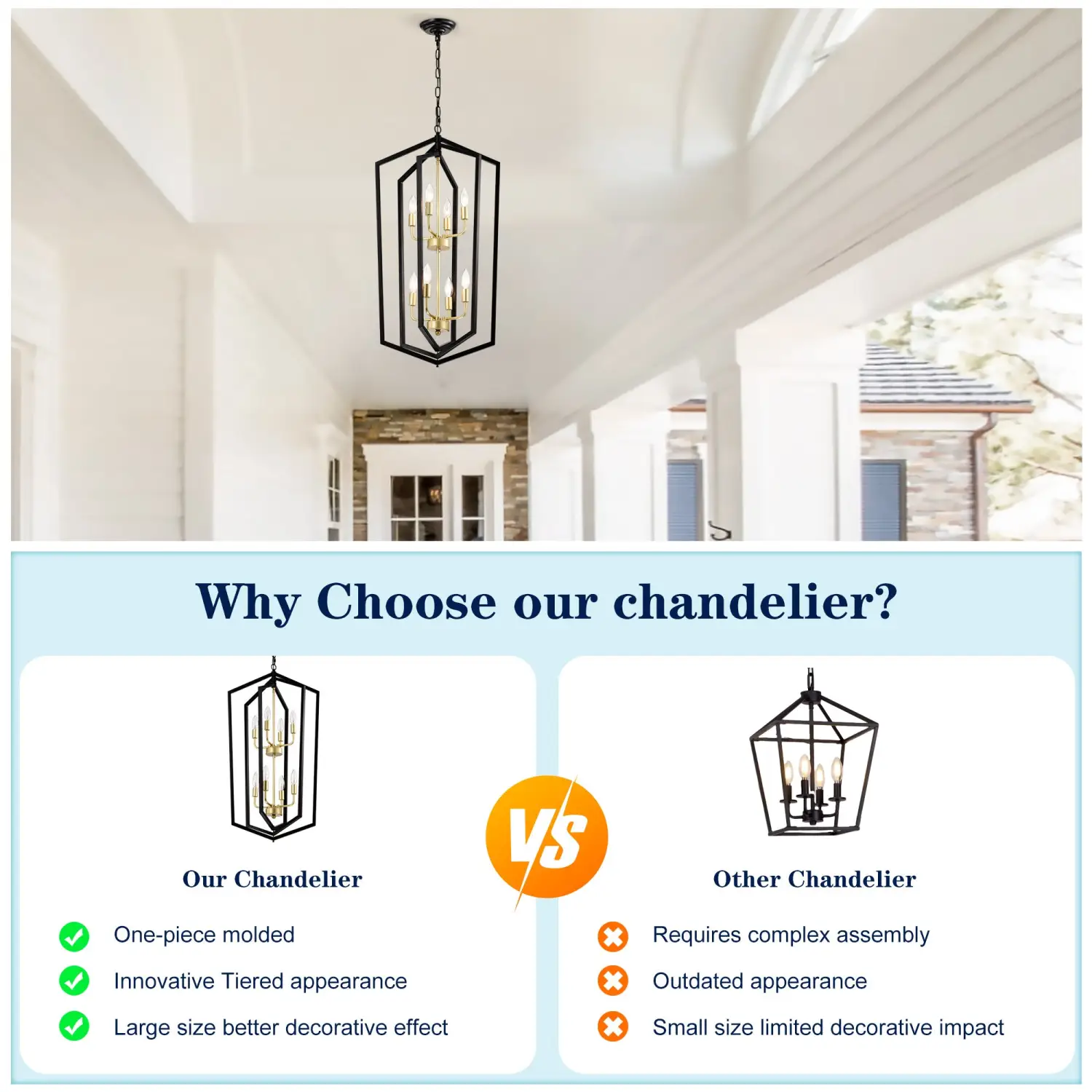 8 Light Farmhouse Hanging Lights Living Room Chandelier with Lantern Frame - Image 7