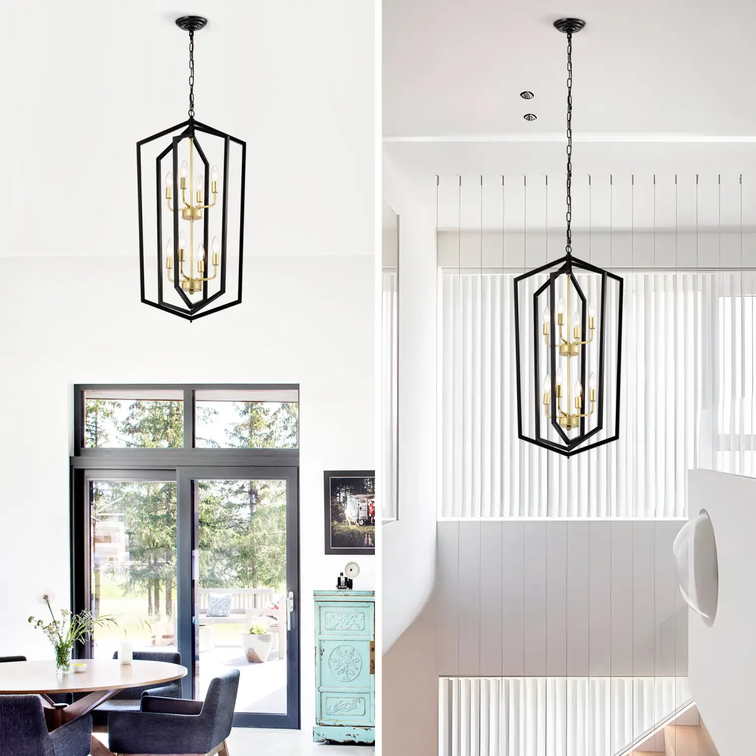 8 Light Farmhouse Hanging Lights Living Room Chandelier with Lantern Frame - Image 9