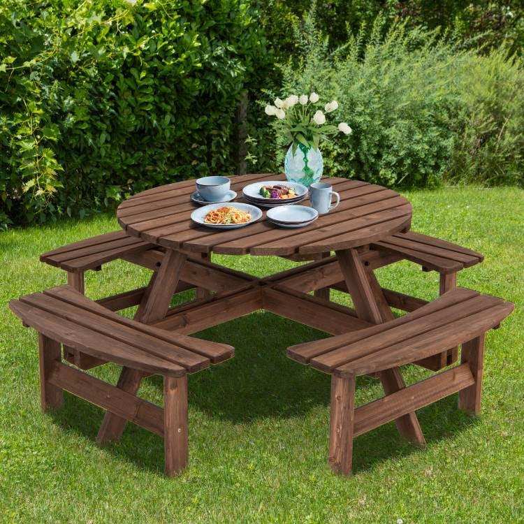 8-Set Outdoor Solid Wood Round Picnic Table with 4 Benches Patio Garden Dining Set - Image 2
