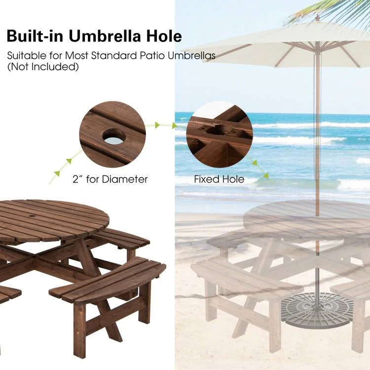 8-Set Outdoor Solid Wood Round Picnic Table with 4 Benches Patio Garden Dining Set - Image 4