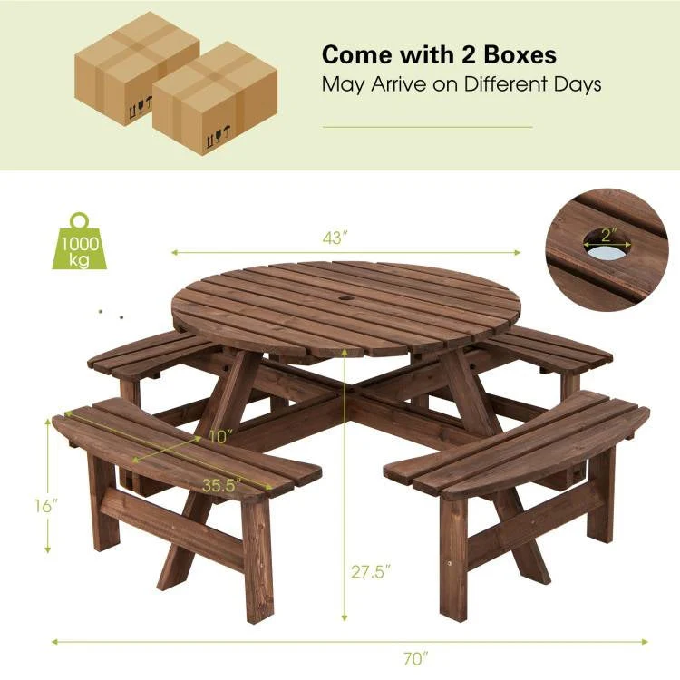 8-Set Outdoor Solid Wood Round Picnic Table with 4 Benches Patio Garden Dining Set - Image 5