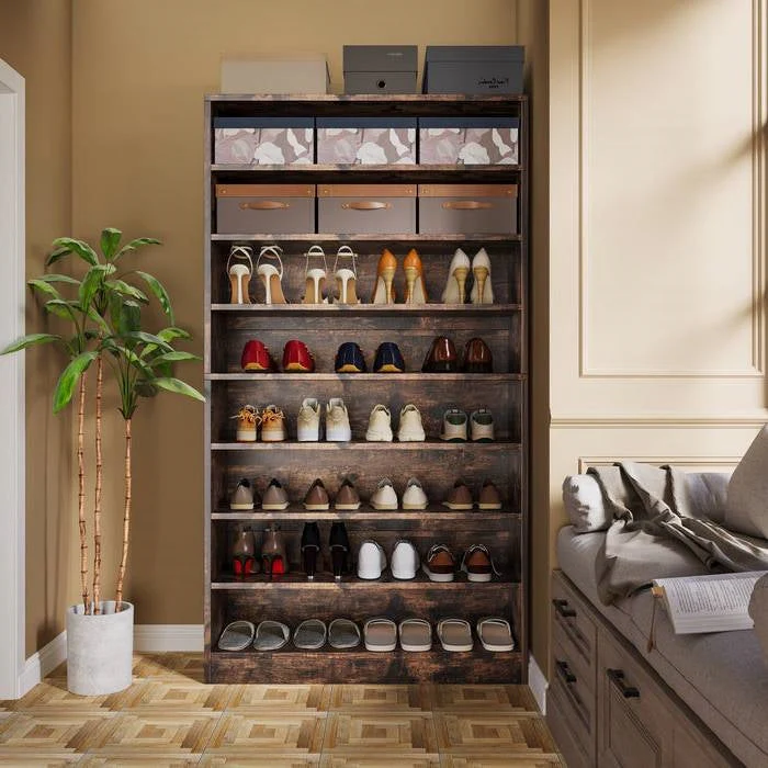 8-Shelf Shoe Rack for Closet Storage Shelving Unit in Rustic Brown Wood Finish - Image 2