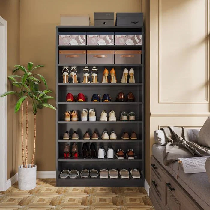 8-Shelf Shoe Rack Storage Cabinet Closet Shelving Unit in Black Wood Finish - Image 2