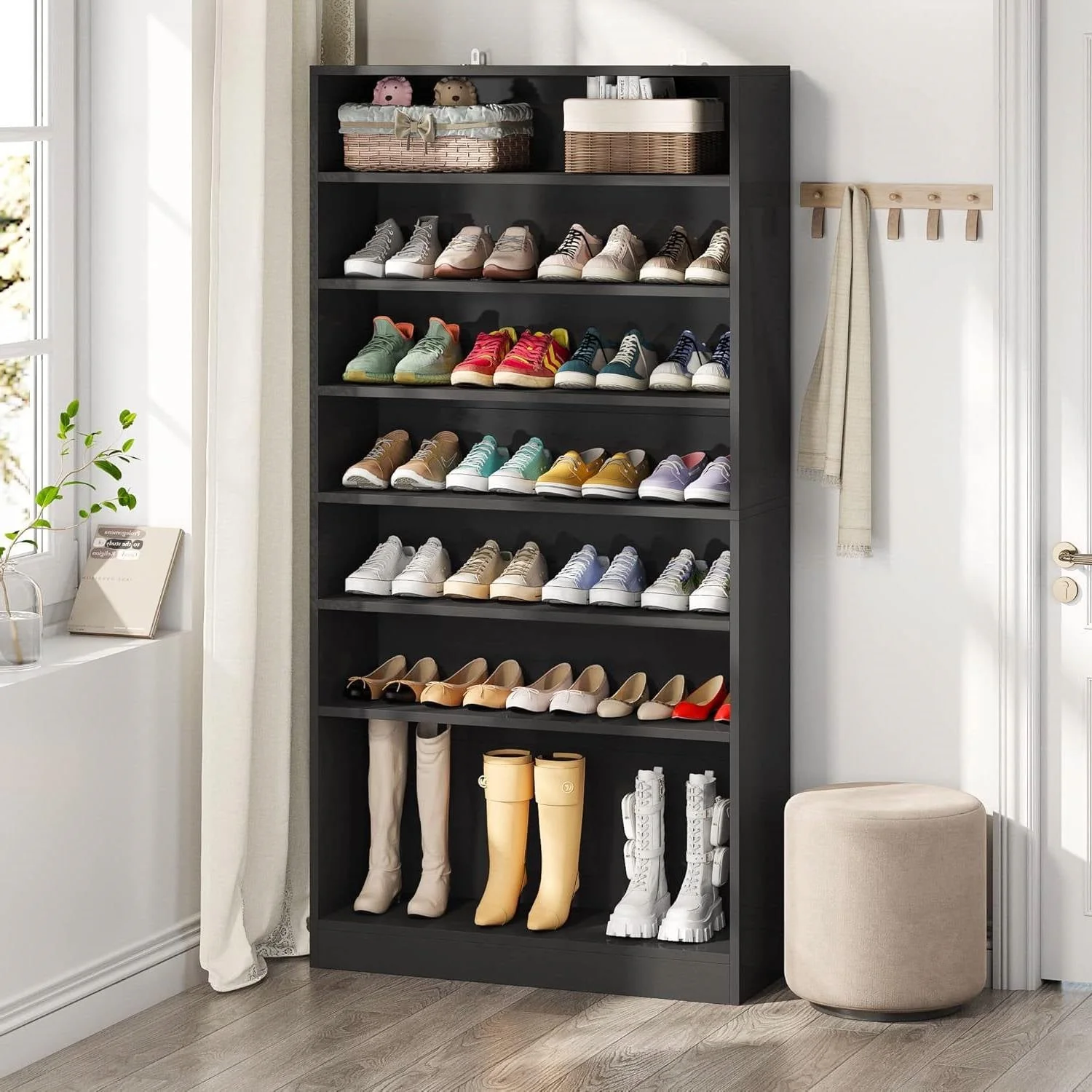 8-Shelf Shoe Rack Storage Cabinet Closet Shelving Unit in Black Wood Finish - Image 3
