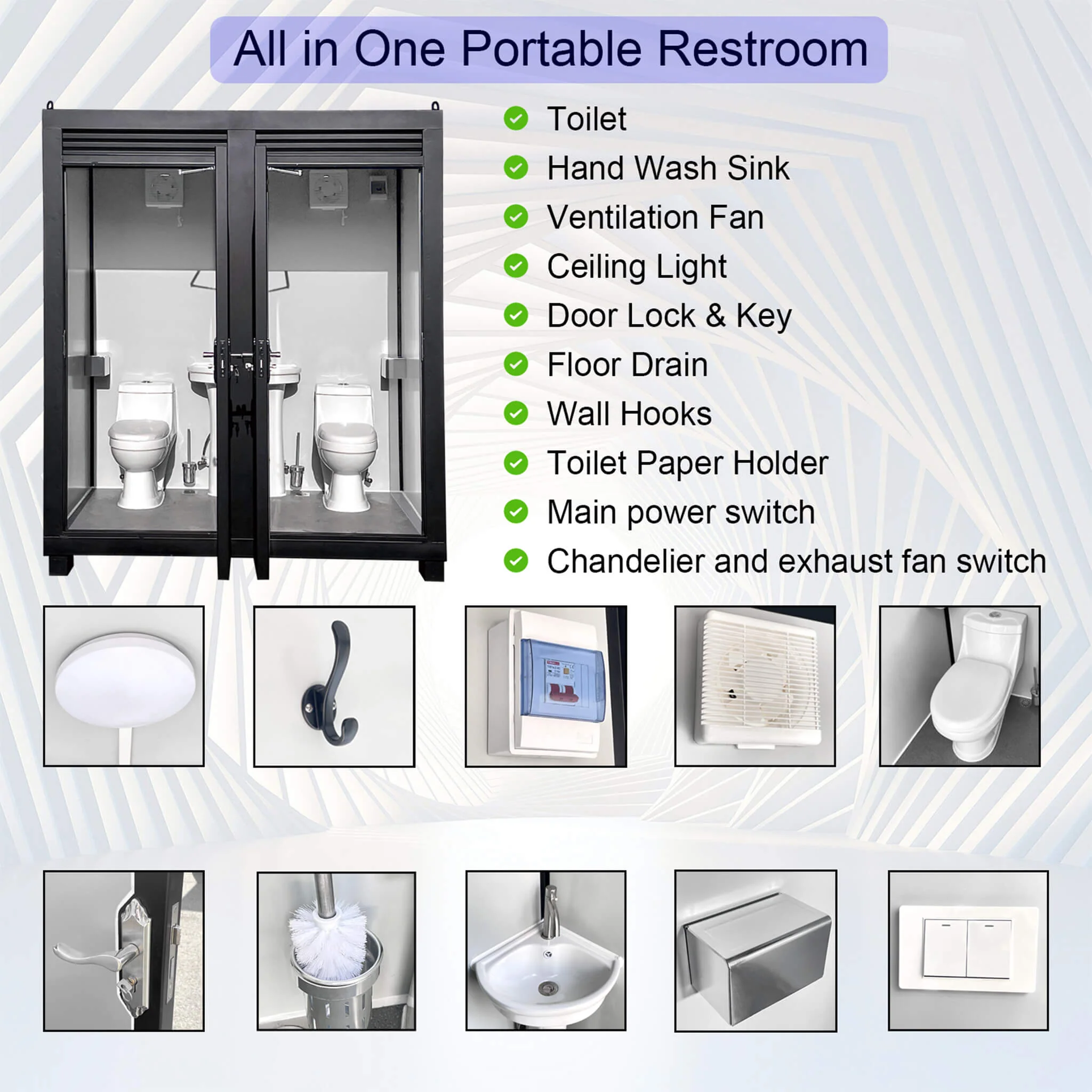 82-Inch Two-Person Portable Outdoor Toilet Cabin With Light, Sink And Fan (SAK50123) - Image 5