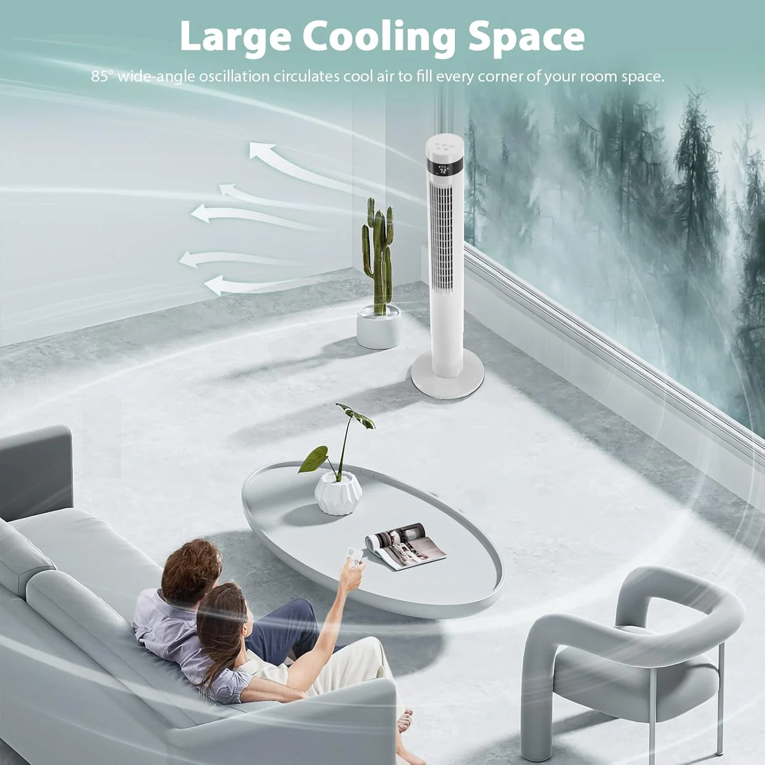 85° Oscillating Bladeless Tower Fan with 24ft/s Velocity - Image 2