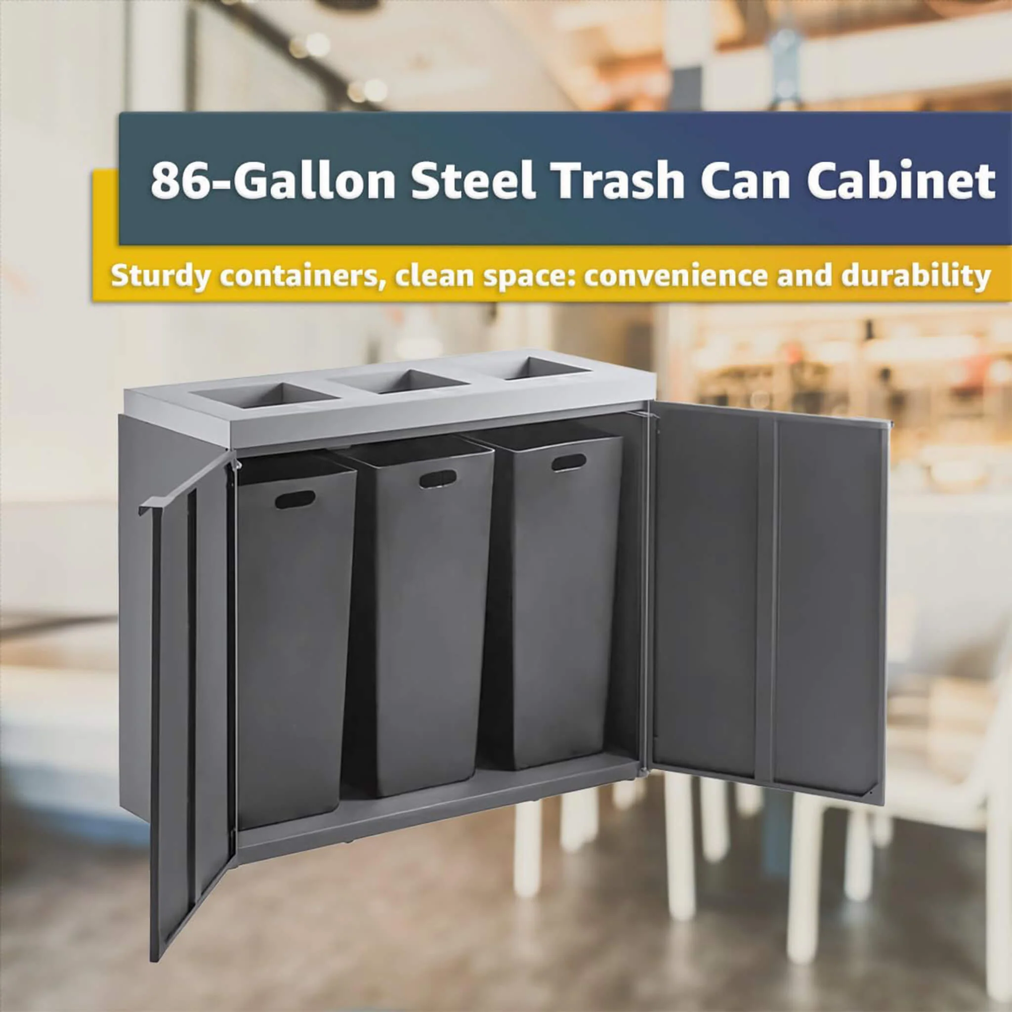 86-Gallon Heavy-Duty Commercial Steel Three-Stream Trash Can Cabinet (SAK80591) - Image 4